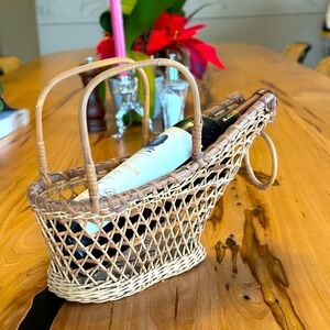Vintage wicker wine bottle caddy. Multiple available.